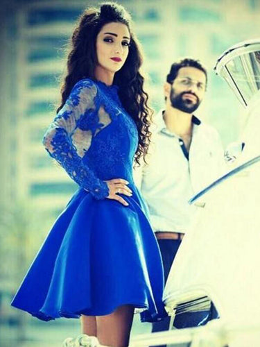 Royal Blue Homecoming Dress Long Sleeve Appliques Short Prom Dress Party Dress JKS069