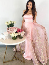 Pink Strapless Prom Dresses Sexy Gold Appliques Prom Dress/Evening Dress JKS075
