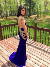 Royal Blue Prom Dresses Sheath Elastic Woven Satin Prom Dress/Evening Dress JKS092