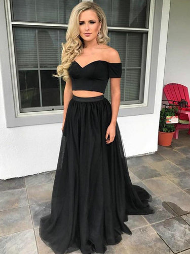 Black Prom Dresses Off-the-shoulder Two Pieces Prom Dress/Evening Dress JKS112