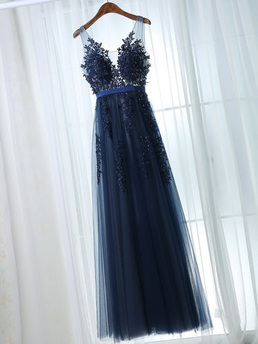 Chic Prom Dresses A-line Dark Navy Appliques Prom Dress/Evening Dress JKS115