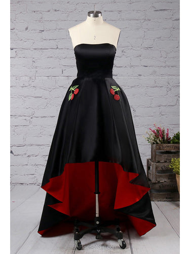 Sexy Prom Dresses Strapless A-line Asymmetrical Black Satin Prom Dress/Evening Dress JKS118