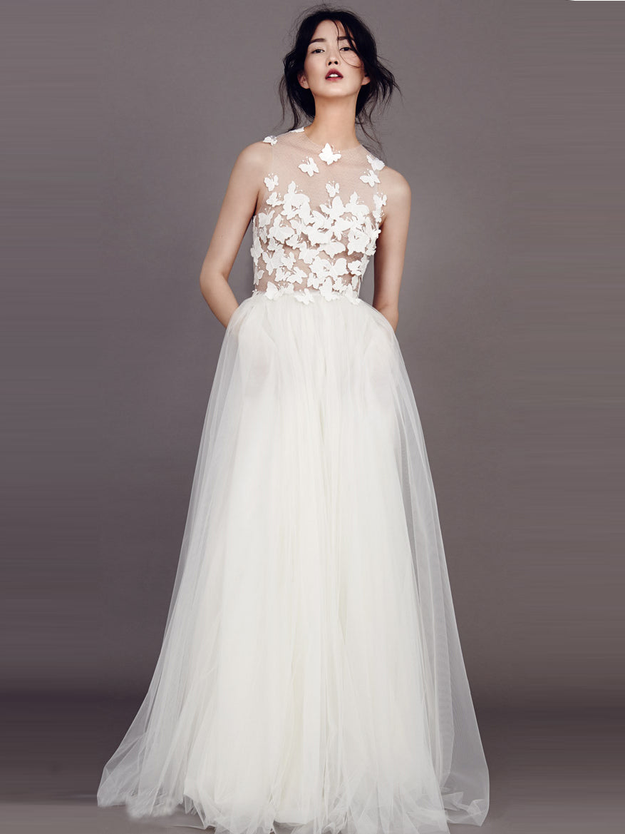 Sexy Wedding Dresses Scoop A-line Butterfly Appliques Tulle Ivory Bridal Gown JKS123