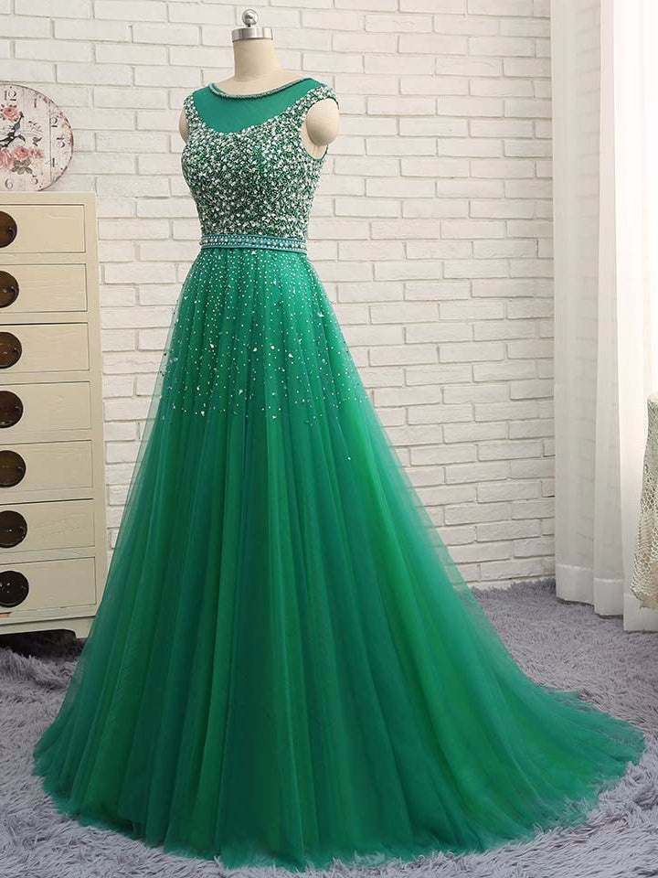 Hunter Green Prom Dresses A-line Short Train Tulle Long Prom Dress/Evening Dress JKS124