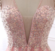 Pink Chic Prom Dresses V-neck Floor-length Tulle Rhinestone Prom Dress/Evening Dress JKS125