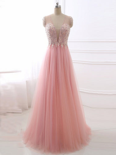 Pink Chic Prom Dresses V-neck Floor-length Tulle Rhinestone Prom Dress/Evening Dress JKS125