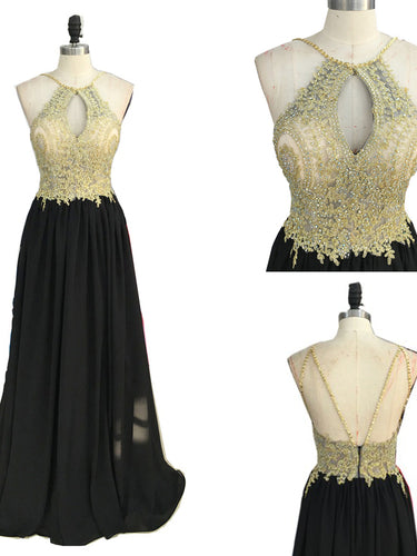 Black Halter Prom Dresses Appliques Floor-length Long Sexy Prom Dress/Evening Dress JKS127