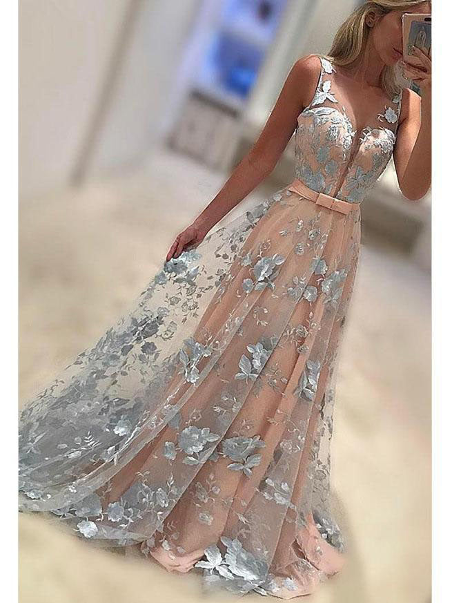 Sexy Prom Dresses Floor-length V-neck Lace Long Prom Dress/Evening Dress JKS128