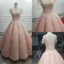 Ball Gown Prom Dresses Scoop Pearl Pink Lace Appliques Long Prom Dress/Evening Dress JKS131