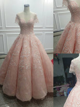 Ball Gown Prom Dresses Scoop Pearl Pink Lace Appliques Long Prom Dress/Evening Dress JKS131