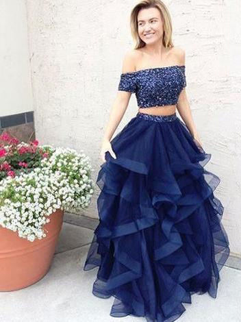 Long Two Piece Prom Dresses Dark Navy Off-the-shoulder Sexy Prom Dress/Evening Dress JKS133