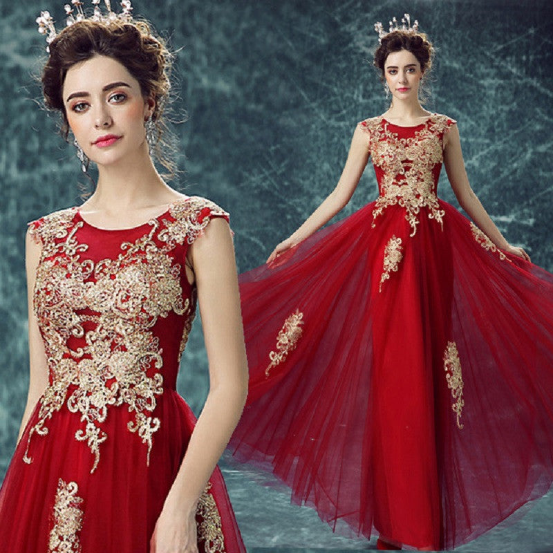 Stunning Velvet Evening Gown Sleeveless Gold Appliques Formal Dress with Detachable Train Side Slit,F04820