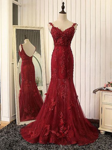 Burgundy Prom Dress Trumpet/Mermaid Sweep/Brush Train Sexy Long Prom Dress/Evening Dress JKS158
