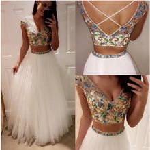 Two Piece Prom Dresses V-neck Floor-length Tulle Sexy Prom Dress/Evening Dress JKS169