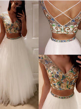 Two Piece Prom Dresses V-neck Floor-length Tulle Sexy Prom Dress/Evening Dress JKS169