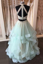 Two Piece Prom Dresses High Neck Sequins Sage Long Sexy Prom Dress/Evening Dress JKS172