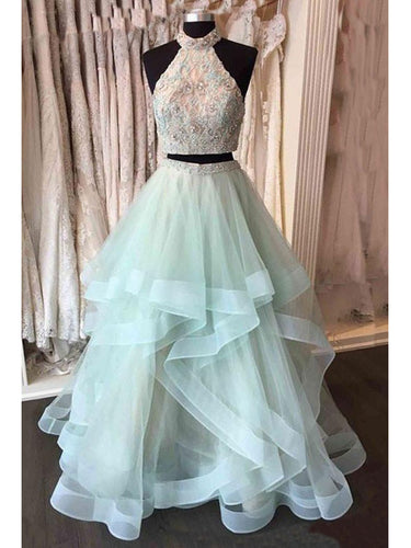 Two Piece Prom Dresses High Neck Sequins Sage Long Sexy Prom Dress/Evening Dress JKS172