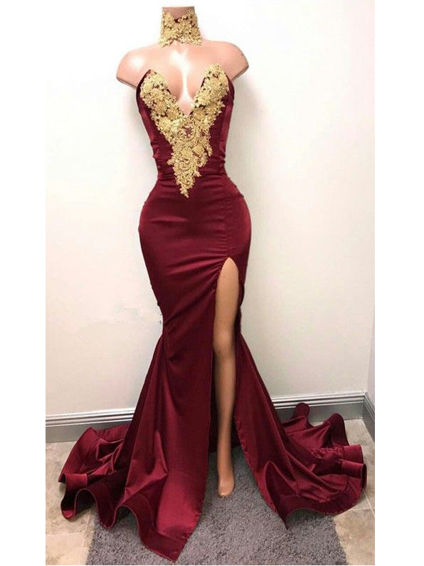 Chic Burgundy Prom Dresses Trumpet/Mermaid Appliques Sexy Prom Dress/Evening Dress JKS175