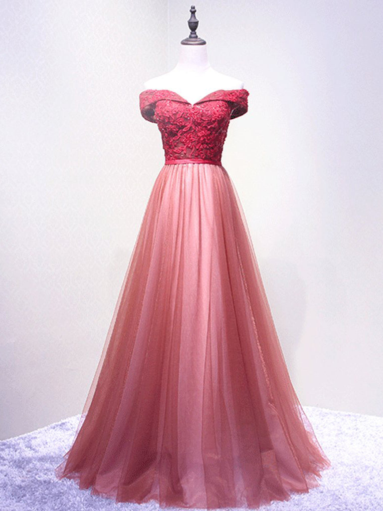 Lace Prom Dresses Floor-length Burgundy Off-the-shoulder Long Prom Dress/Evening Dress JKS177