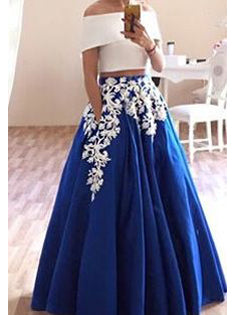 Two Piece Prom Dresses Off-the-shoulder Floor-length Satin Sexy Prom Dress/Evening Dress JKS183