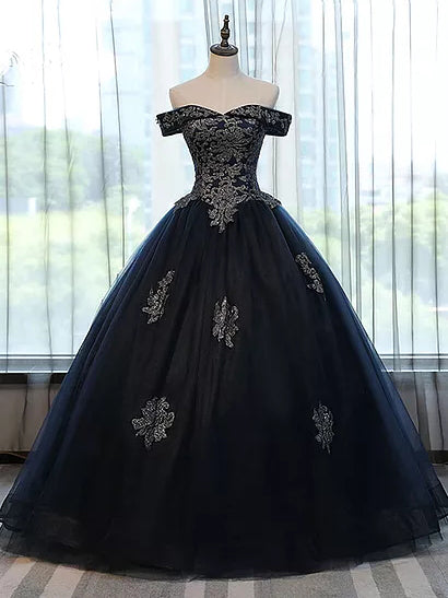 Chic Wedding Dresses Ball Gown Off-the-shoulder Black Tulle Bridal Gow ...