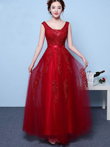 Chic Prom Dresses Straps Appliques Burgundy Long Sexy Prom Dress/Evening Dress JKS210