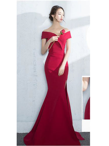 Sexy Slit Prom Dresses Trumpet/Mermaid Off-the-shoulder Short Train Prom Dress/Evening Dress JKS212