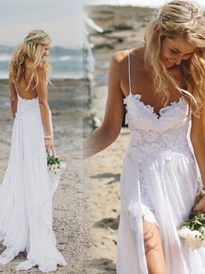 Cheap Wedding Dresses Spaghetti Straps Lace Ivory Simple Beach Bridal –  Anna PromDress