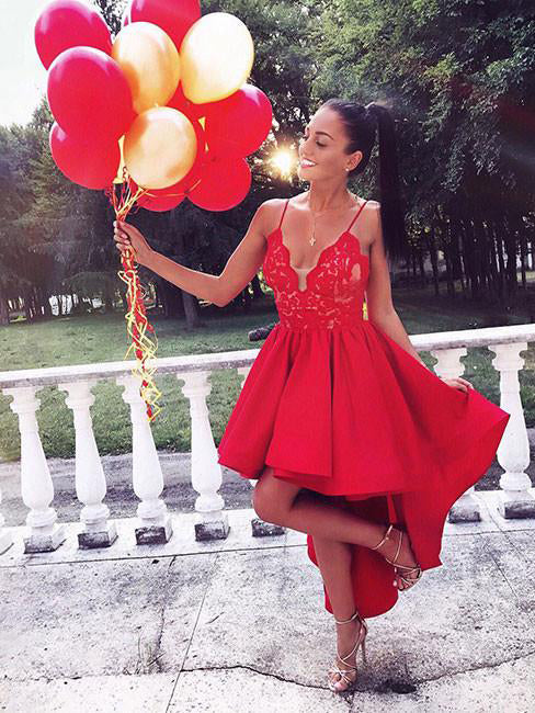 High Low Prom Dresses Spaghetti Straps Lace Long Sexy Red Prom Dress/Evening Dress JKS218