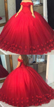 Beautiful Wedding Dresses Off-the-shoulder Ball Gown Hand-Made Flower Red Bridal Gown JKS236