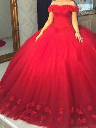 Beautiful Wedding Dresses Off-the-shoulder Ball Gown Hand-Made Flower Red Bridal Gown JKS236