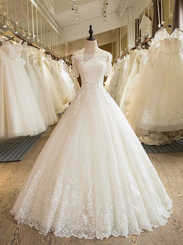 Beautiful Wedding Dresses Off-the-shoulder Ball Gown Lace Ivory Bridal Gown JKS243