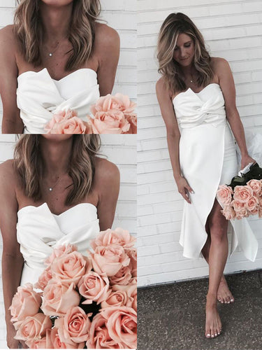 Cheap Wedding Dresses A-line Tea-length Ivory Satin Short Bridal Gown JKS244