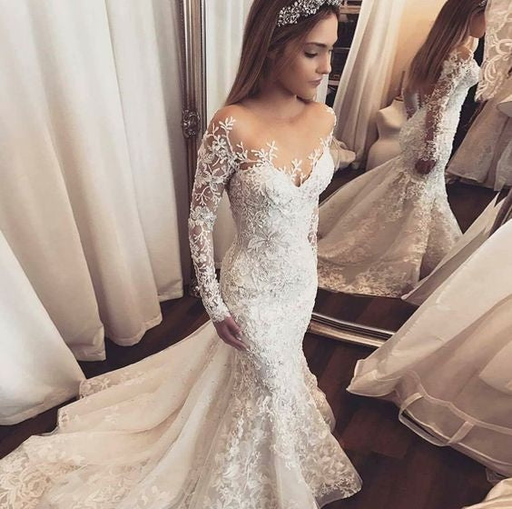 Luxury Wedding Dresses Trumpet/Mermaid Long Sleeve Sexy Bridal Gown JK – Anna PromDress Luxury Wedding Dresses Trumpet/Mermaid Long Sleeve Sexy Bridal Gown JK – Anna PromDress