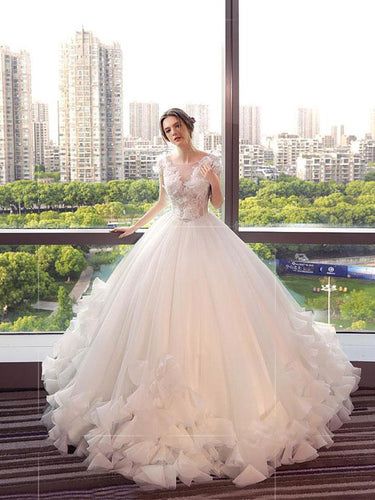 Beautiful Wedding Dresses Ball Gown Floor-length Lace-up Tulle Lace Bridal Gown JKS262
