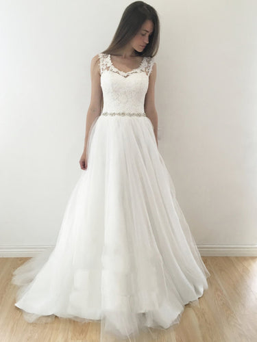 Unique Wedding Dresses A-line Rhinestone Lace Long Chic Bridal Gown JKS268