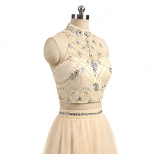 Two Piece Prom Dresses High Neck Aline Rhinestone Long Prom Dress Sexy Evening Dress JKS284