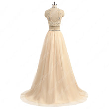Two Piece Prom Dresses High Neck Aline Rhinestone Long Prom Dress Sexy Evening Dress JKS284