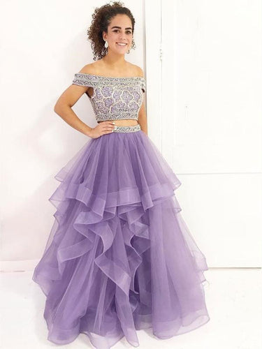 Two Piece Prom Dresses A-line Off-the-Shoulder Floor-length Long Sparkly Chic Prom Dress JKS285