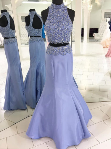 Two Piece Prom Dresses Mermaid High Neck Floor-length Rhinestone Long Sparkly Prom Dress JKS286