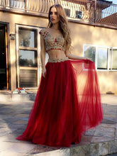 Two Piece Prom Dresses A-line V-neck Floor-length Appliques Burgundy Long Prom Dress JKS290