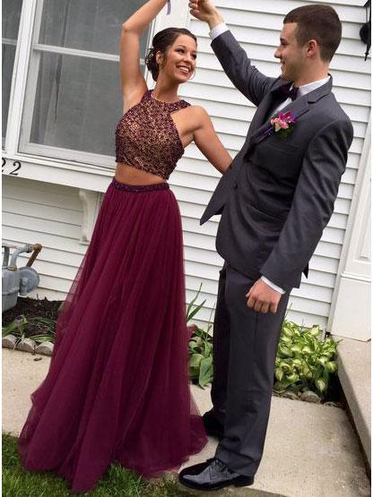 Two Piece Prom Dresses Scoop Floor-length Long Beading Prom Dress Sexy ...