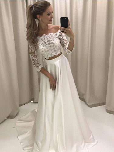 Two Piece Prom Dresses Off-the-shoulder A line 3/4-Length Sleeve Ivory Long Prom Dress JKS292