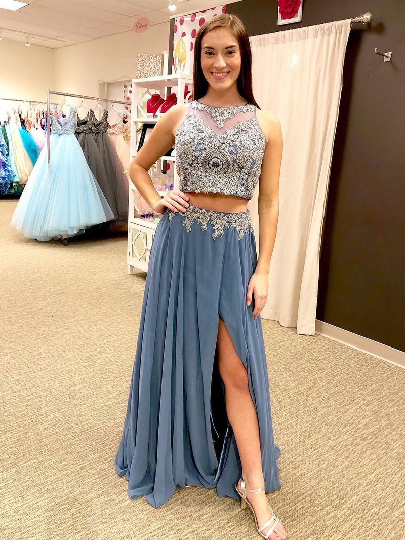 open lace back dress Two Piece Prom Dresses Scoop Aline Floor-length Appliques Slit Long Pr –  Anna PromDress