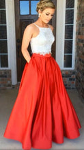 Two Piece Prom Dresses Spaghetti Straps A Line Satin Long Sexy Red Prom Dress JKS295|Annapromdress