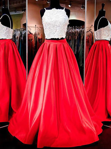 Two Piece Prom Dresses Spaghetti Straps A Line Satin Long Sexy Red Prom Dress JKS295|Annapromdress