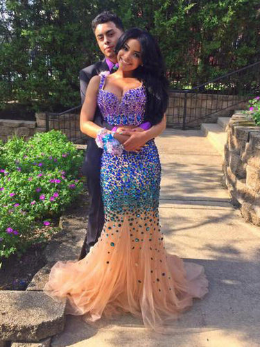 Two Piece Prom Dresses Mermaid Straps Sweep Train Tulle Long Prom Dress JKS297