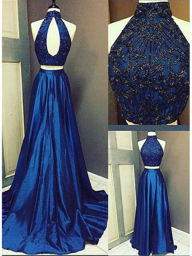 Two Piece Prom Dresses High Neck Aline Short Train Beading Satin Prom Dress JKS298