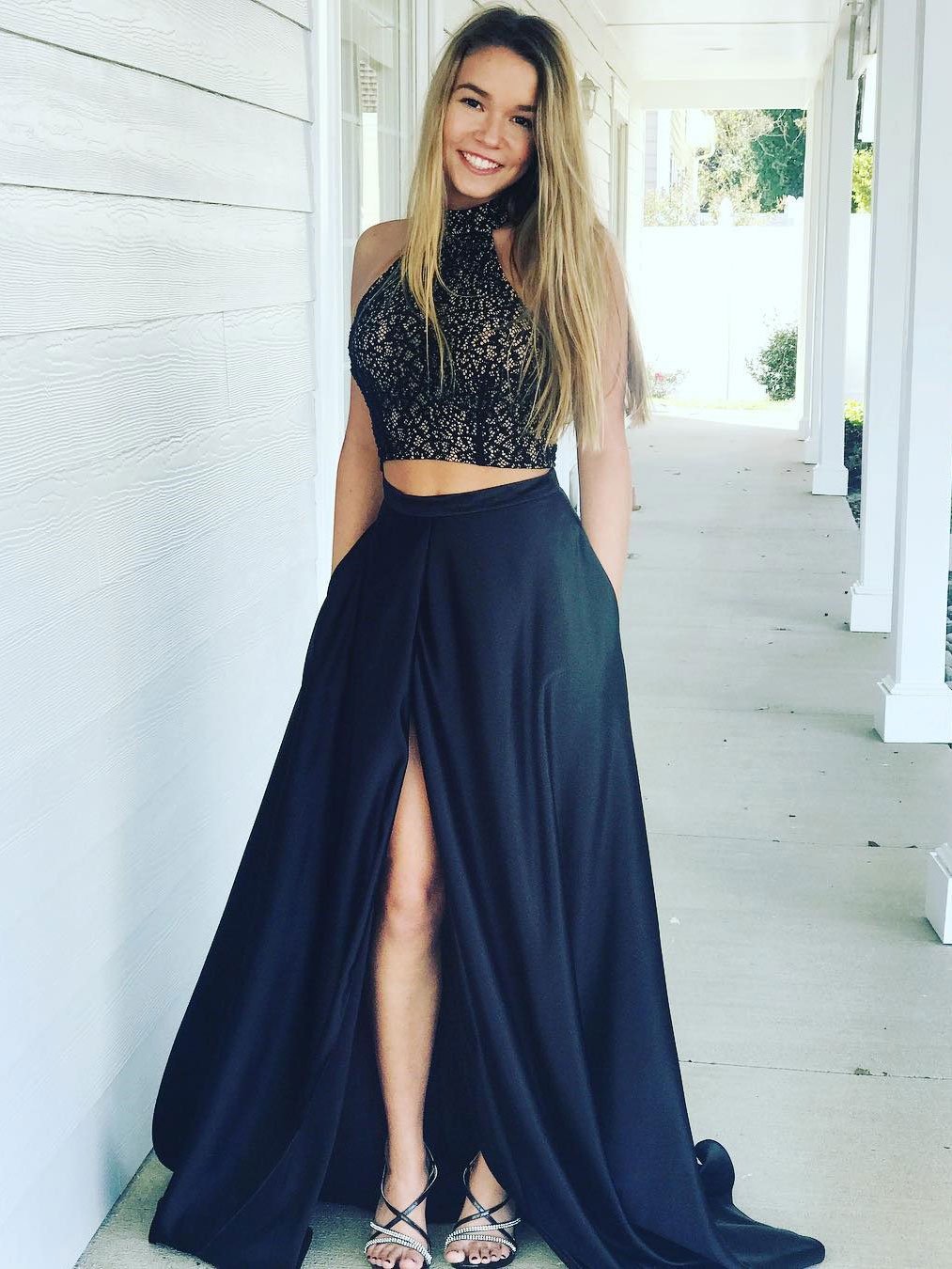 Two Piece Prom Dresses High Neck A-line Sweep Train Long Sexy Slit Pro Anna PromDress Two Piece Prom Dresses High Neck A-line Sweep Train Long Sexy Slit Pro Anna PromDress