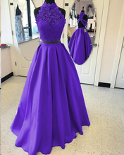 Two Piece Prom Dresses High Neck A line Floor-length Lace Long Satin Prom Dress JKS302|Annapromdress